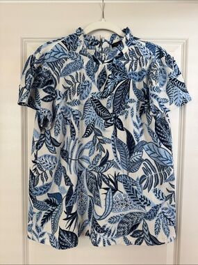 Ann Taylor Blue Leaf Print Short Sleeve Women's Top